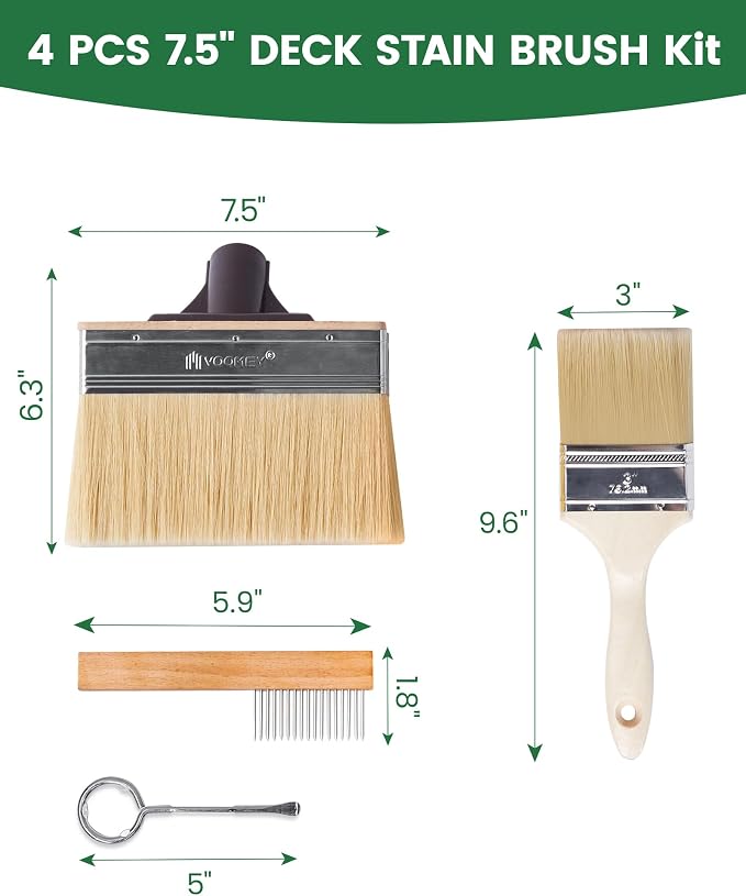 Voomey Deck Stain Brush Applicator, Heavy-Duty Outdoor Deck Stain and Sealer, Wood Stain Brush Set 4PCS, Large Paint Brush for Wood Decks Walls and Fences