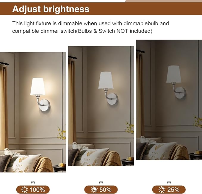 Modern Bathroom Vanity Light, Brushed Nickel Bathroom Light Fixtures, Set of 2 Lighting Fixtures Over Mirror, Modern Wall Sconce with Flared White Fabric Shade, E26 Socket(ETL Listed)