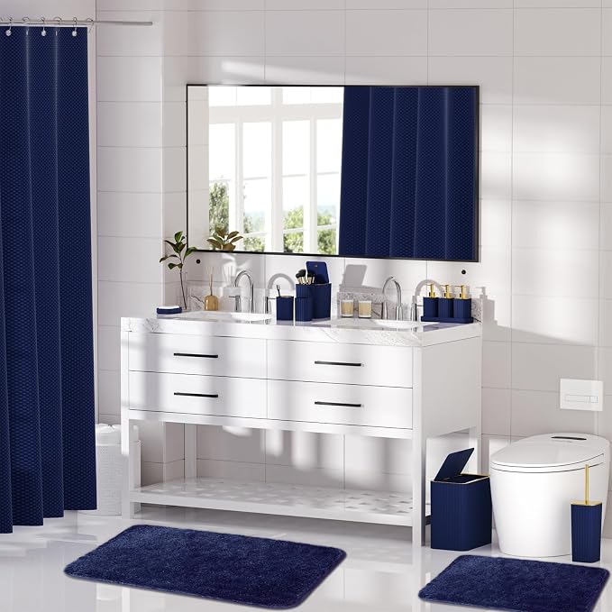 Bathroom Accessory Set - Bathroom Set, 12PC Bathroom Accessories Set, Navy Blue Bathroom Accessories Set, Mini Trash Can, Toilet Brush, Trash Can & Soap Dispenser