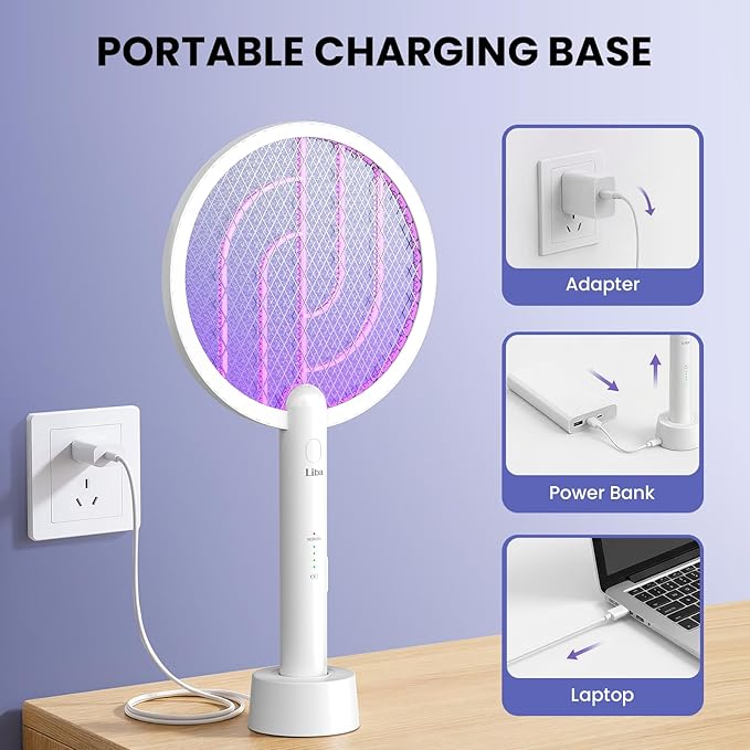 LiBa Electric Fly Swatter, 4000V 2-in-1 Mosquito Killer Lamp, USB Rechargeable with 5-Layer Safety Net, Cordless Insect Killer Trap Home Office Camping Patio