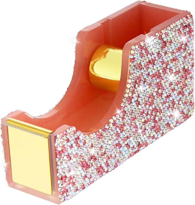 Buqoo Pink Bling Crystal Tape Dispenser, Sparkly Desktop Adhesive Tape Dispenser Cutter with Tape for Desk, Glitter Tape Holder Cutter Rhinestone for Office School