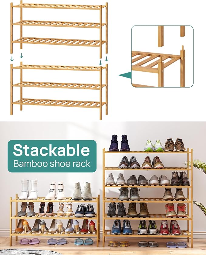 viewcare 3-Tier Long Shoe Rack, Bamboo Wood Shoe Rack for Closet, Entryway & Hallway, Stackable | Beautiful | Functional | Sturdy