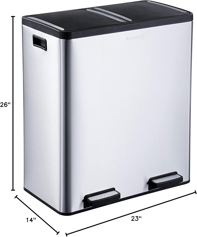 Step N' Sort The 18.5 Gallon Extra Large Capacity, Soft-Step, Dual Trash and Recycling Bin with Removable Inner Bins, Silver