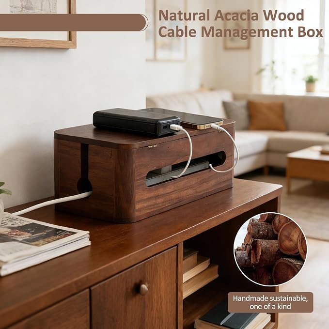 Large Acacia Wood Cable Management Box - Cord Hider&Organizer for TV Wires | Power Strip, Electrical Hiding, Desk & Floor Cables - Solution Wire Storage Solution for Office, Living Room, Bedroom