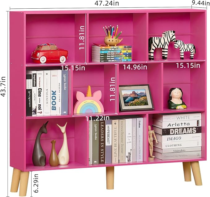 LEYAOYAO 10 Cube Bookshelf, Mid-Century Modern Book Shelf with Legs, Pink | 3 Tier Bookcase, Rustic Wood Bookshelves Freestanding Large Storage Organizer, Open Shelves for Bedroom, Living Room, Office