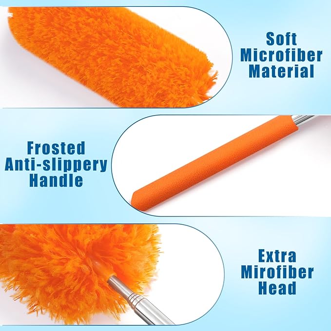 Tanlade 1 Pcs Microfiber Feather Duster for Cleaning 13-31 Inch Extendable Cobweb Dusters Ceiling Fan Duster Washable Bendable Tool for Office Car Window Furniture (Orange)