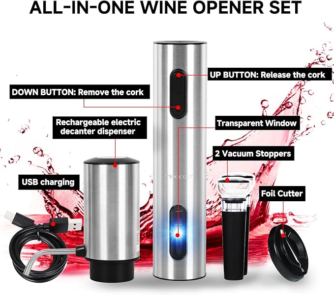 Moocoo Electric Wine Opener Gift Set, Automatic Electric Wine Bottle Corkscrew Opener Rechargeable with Foil Cutter, Automatic Aerator, 2 Vacuum Stoppers for Home Bar Outdoor Parties, Stainless Steel