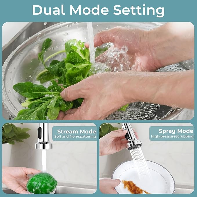 Kitchen Faucet with Pull Down Sprayer Chrome | 2-mode sprayer, 360° high arc spout, 304 SS build, drip-free valve, fingerprint-resistant, DIY install, NSF certified