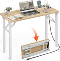 XBurmo Small Folding Desk Folding Table, No Assembly Foldable Desk Gaming Desk, 35.8-Inch Computer Table Workstation with 2 AC Outlets and 2 USB Ports for Bedroom and Home Office, Light Maple