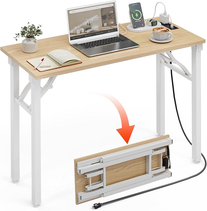 XBurmo Small Folding Desk Folding Table, No Assembly Foldable Desk Gaming Desk, 35.8-Inch Computer Table Workstation with 2 AC Outlets and 2 USB Ports for Bedroom and Home Office, Light Maple
