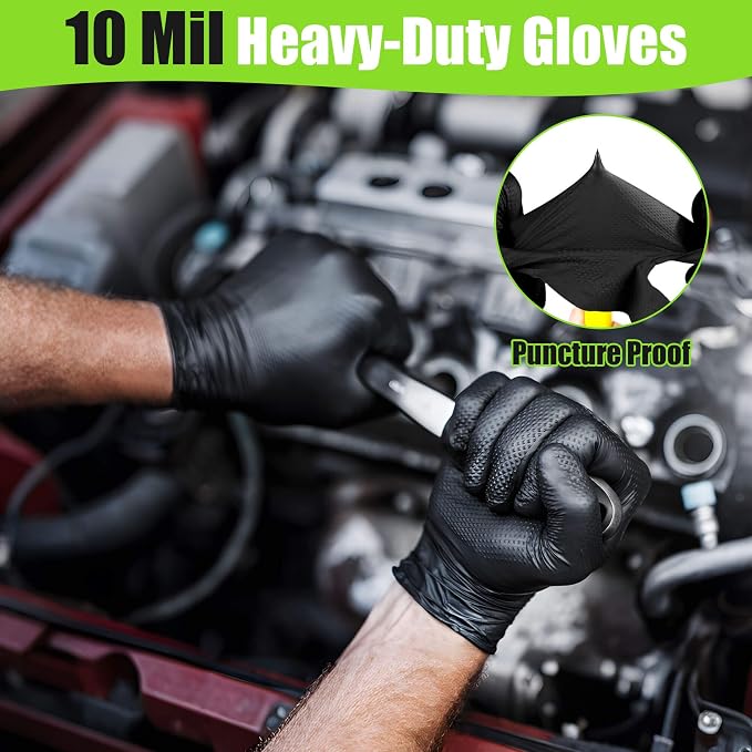 TREEGO 10 Mil Heavy Duty Black Nitrile Mechanic Gloves, 50 Count M | Diamond Grip, Latex & Powder Free for DIY Repairs, Home Garage, Motorcycle Maintenance & Everyday Projects