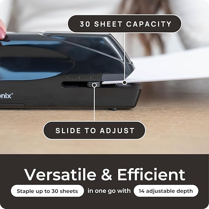 EcoElectronix Portable Automatic Electric Stapler Pro - 30 Sheet Capacity, Quiet Operation, Jam-Free and Easy Reload - AC Adapter/Battery Powered, (Black)
