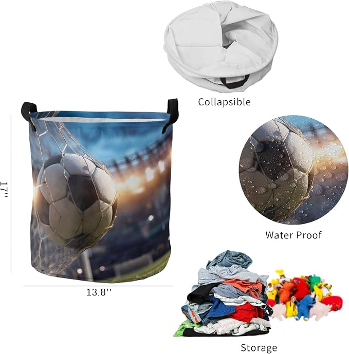 Collapsible Laundry Basket 42L, Football Sports Storage Bin Laundry Hamper with Handles, Football Field Goal Net Soccer Waterproof Clothes Baskets for Bathroom/Bedroom 13.8 x 17 In