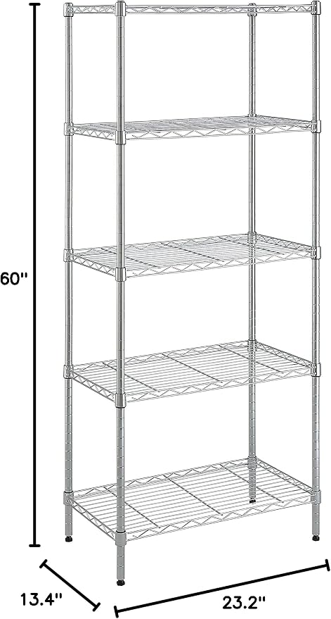 Amazon Basics 5-Shelf Adjustable Storage Shelving Unit for Garage, Steel Wire Rack, 200 Pound Loading Capacity per Shelf, 23.2" x 13.4" x 60", Chrome Finish