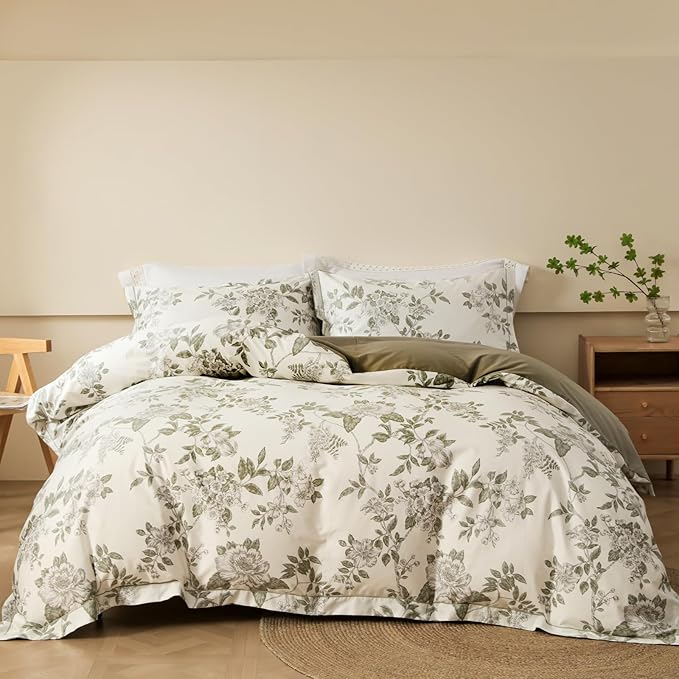 OAITE Duvet Cover Set Twin Size Floral Pattern 600 Thread Count Ultra Soft 100% Long Staple Cotton Duvet Cover Sets 3-PC, Breathable Duvet Cover with Zipper Closure & Corner Ties