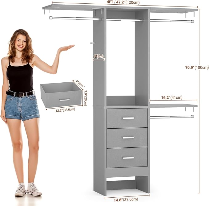 Besiost 4FT Small Closet System with 3 Fabric Drawers, 48'' Closet Organizer System With 3 Adjustable Shelves, Flexible Built-In Clothes Garment Rack for Small Space, 48" L x 13" W x 71" H, Grey