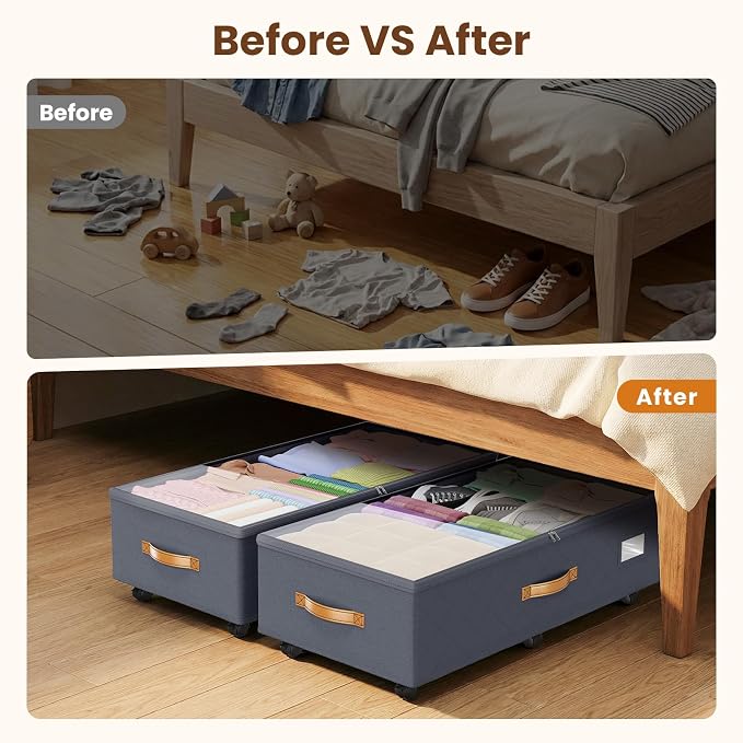 80L 2 Pack Adjustable Under Bed Storage Containers with Wheels | Rolling shoe storage organizer with clear lids and label for dorm home clothes, blankets, toys, easy to install, grey