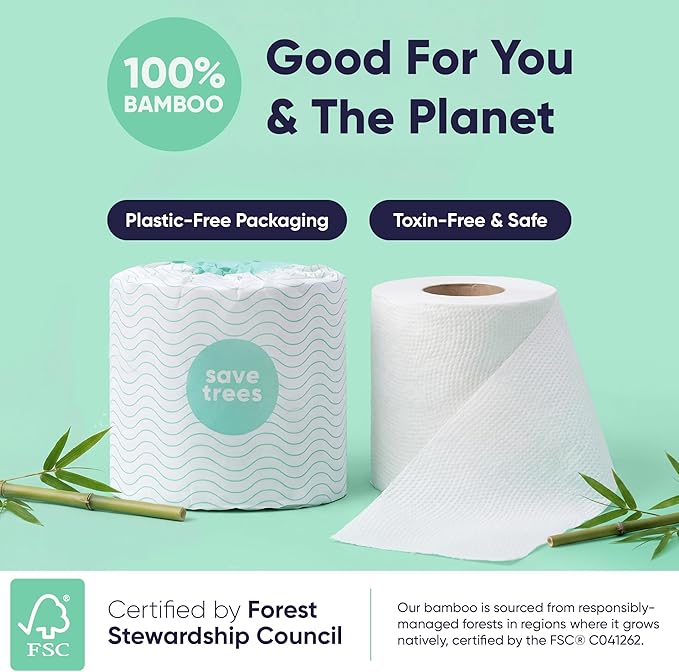 Save Trees Bamboo Toilet Paper -80 Rolls Of Septic Safe Organic Toilet Paper - 3-ply, 300 Sheets Per Roll - PFAs Free, FSC Certified, Plastic & Chemical Free -For Home, Boat& RV Use