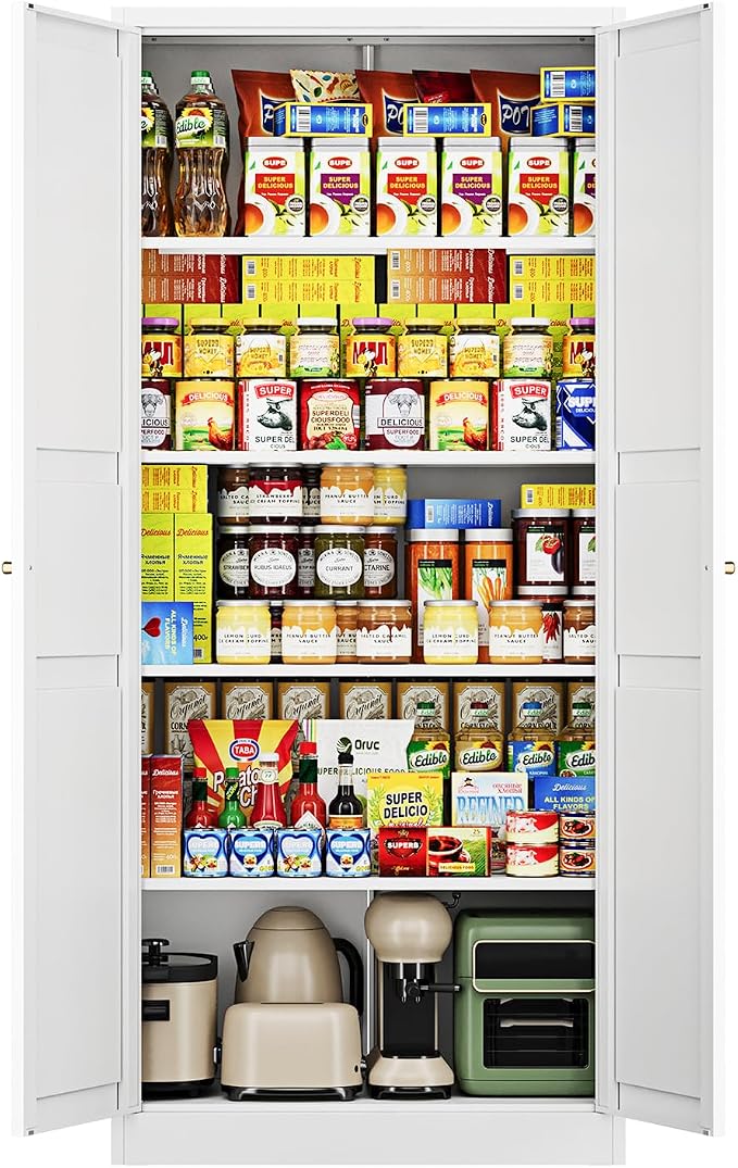White Storage Cabinet with Adjustable Shelves-Metal Home Kitchen Pantry Cabinets with Doors,Organization Locker for Cupboard/Bedroom/Dining/Living/Bathroom/Office/Garage Room