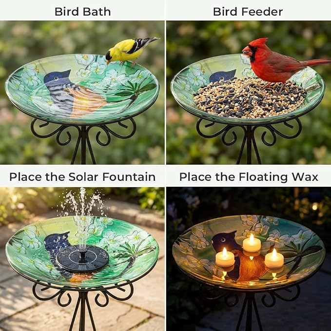 Large Glass Bird Bath with Metal Stand, Baltimore Oriole | 18" Wide Bowl, 3.2" Bathing Depth, Thick Glass Construction, Stable 3-Leg Base, Easy Clean Surface, Garden Decor