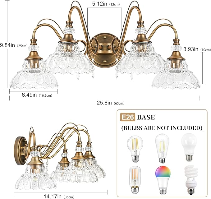 Vintage Bathroom Vanity Light, 4-Light Matte Antique Brass Finish Wall Sconce with Hanging Crystal Accents and Flower-Shaped Clear Glass Shades, Retro Wall Mount Vanity Light Over Mirror for Bathroom