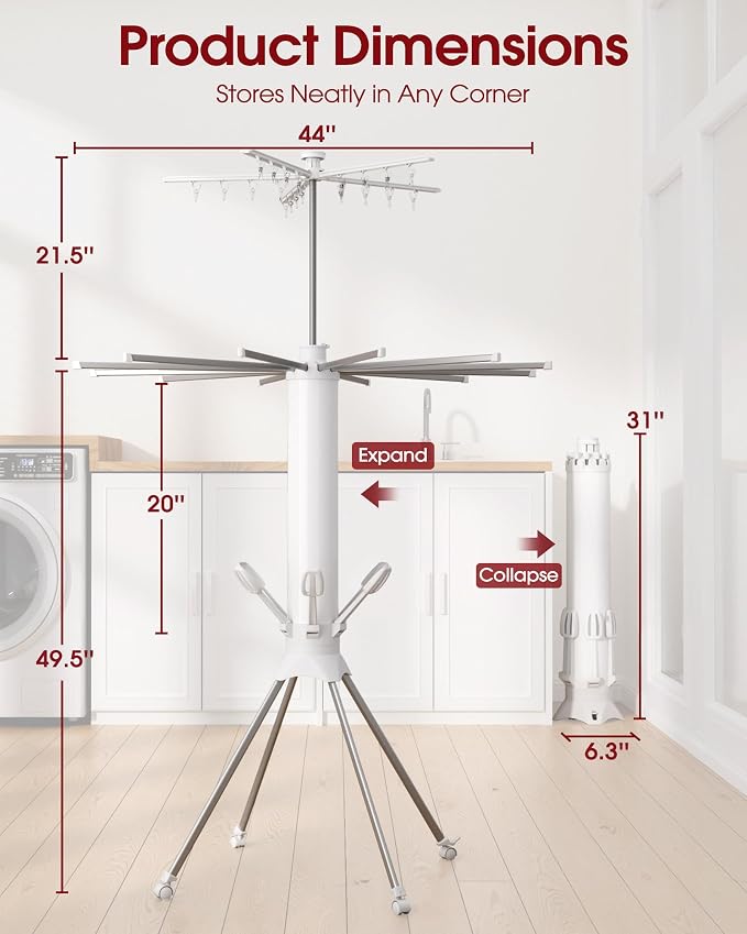 Sakugi Foldable Clothes Drying Rack – Collapsible Laundry Rack with 12 Steel Arms, 4-Leg Stable Base, Reinforced Frame with Clips & Shoe Holders for Indoor Outdoor Use, 44" D x 44" W x 71" H, White