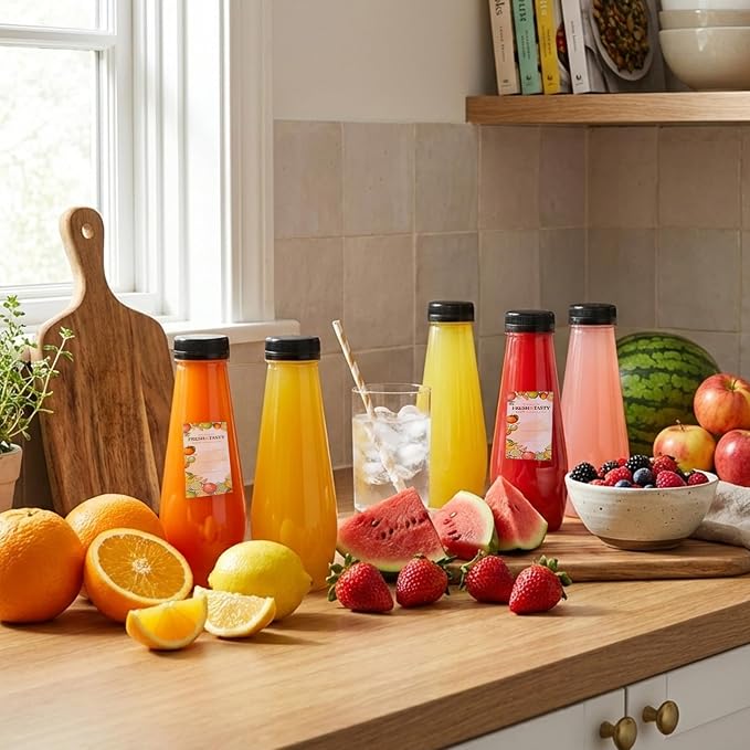 TOMNK 32pcs 12oz Juice Bottles, Empty Plastic Juicing Bottles with Caps, Cone Reusable Bottles Clear Bulk Beverage Containers for Juicing, Drinking, Milkshake, Tea and Other Beverages