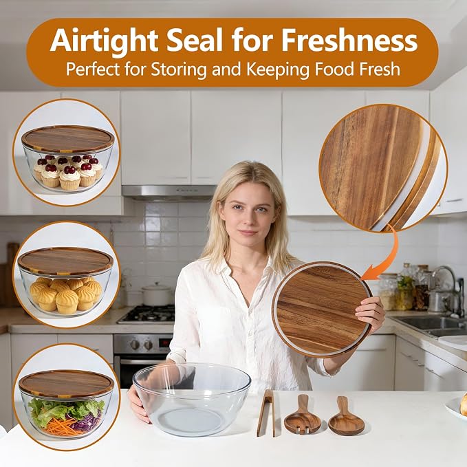 4.8QT Glass Salad Bowl Set, Lid Doubles as Charcuterie Board | 5-Piece Set, Utensils Included, Microwave Safe Glass, Dishwasher Safe, Airtight Lid, Perfect for Potlucks & Gifting