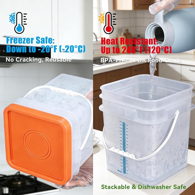 5 Pack 5 Gallon Square Plastic Bucket with Lids and Graduation Marks, Food Grade Clear Storage Containers for Kitchen & Industrial, BPA Free Heavy Duty Pail with Handle for Liquid, Paint, Grain