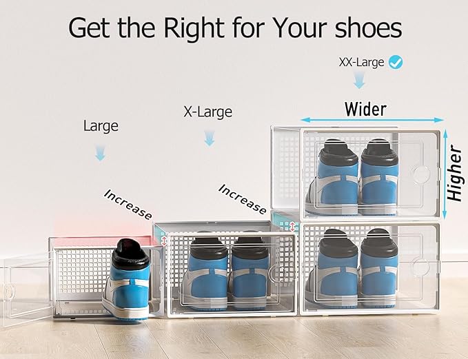 Kuject XX-Large Shoe Storage Boxes Organizers Clear Plastic Stackable 12 Pack, Shoe Rack & Holder Substitute, Sneaker Containers, Shoe Storage Organizer Bins for Closet, Under Bed,White(No Fold Line)