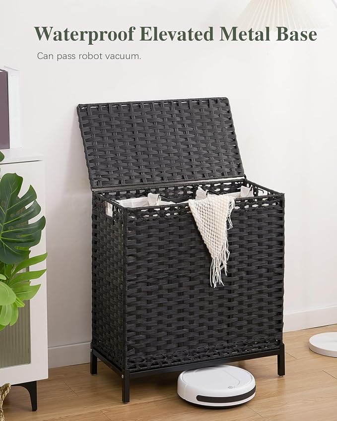 SETVSON Laundry Hamper with Lid, 35 Gal 3-Bag Clothes Sorter, Black | Large Family Laundry Trunk with Lid, 3 Compartment Sorting Liner, 6 Wash Bags, Elevated PE Rattan Bin with Handles