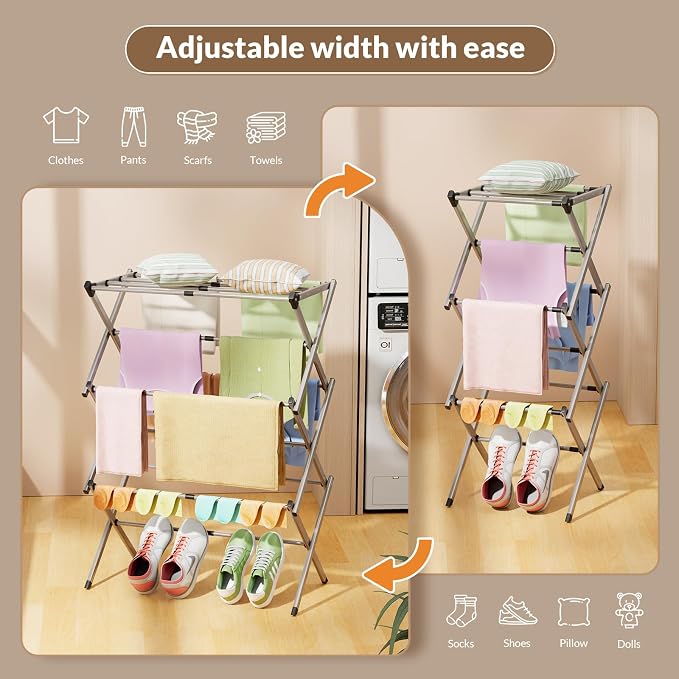 Collapsible Floor Drying Rack - Free Standing Accordion Laundry Dryer, Retractable Metal Clothes Hanger with Shoe Storage, Heavy Duty Rustproof Airer for Bathroom, Balcony & Delicates