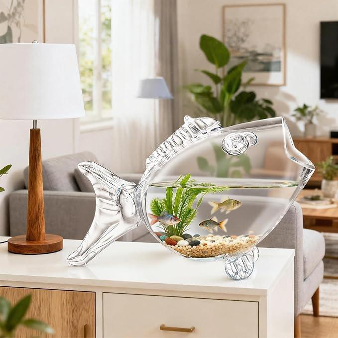 Thick-Walled,high-Transparency Glass Fish Tank,Small Fish-Shaped Fish Tank | Unique Fish Design, Clear Glass Material, Desktop Decor, Open Top Bowl, Home & Office Use