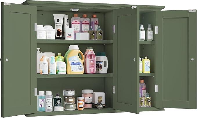 ChooChoo Bathroom Wall Cabinet with 3 Doors, Laundry Cabinet Wall Mounted, Medicine Cabinet with Adjustable Shelves, Hanging Kitchen Cupboard Organizer, Green