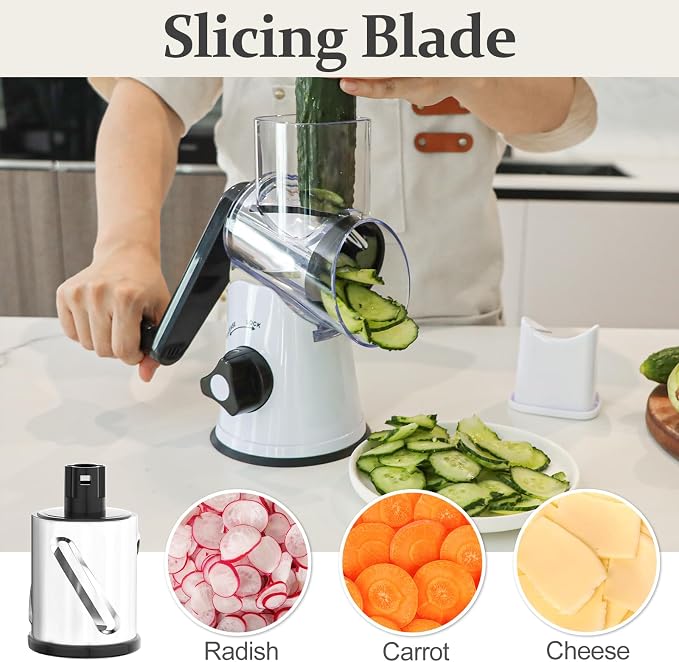 Cambom Rotary Cheese Grater Hand Crank Cheese Shredder for Fresh Cheese, Vegetable, Nuts,Non-slip Suction Base, Three Blades, Black White