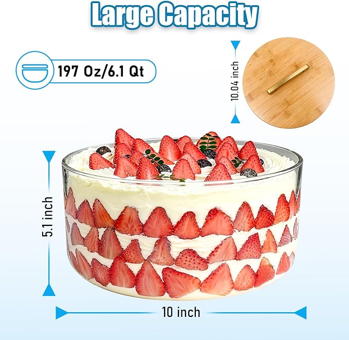 Acelane 10 Inch Glass Trifle Bowl with Sealed Lid, Large Salad Bowl, Modern Versatile Mixing and Serving Bowl for Salad, Dessert, Laying Ice Cream, Cake and Party, Home, Microwave & Dishwasher Safe