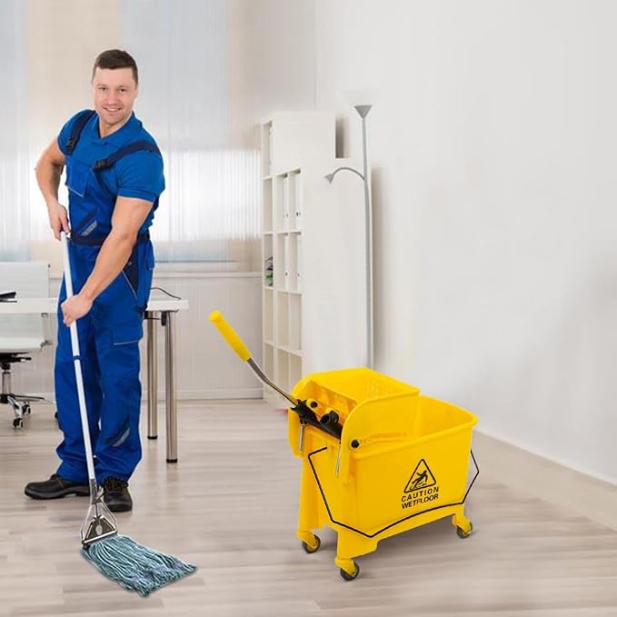 Commercial Mop Bucket on Wheels,Mop Bucket & Side Wringer Combo, Janitorial Cart Spring Wringer on Wheels Mop and Bucket with Wringer Set for Home & Industrial for Home Office Cleaning (1)