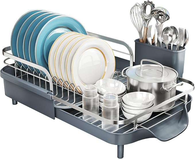 SNTD Dish Drying Rack, Expandable Dish Rack for Kitchen Counter, Stainless Steel Dish Drainer with Drainboard Set and Utensil Holder (Gray)