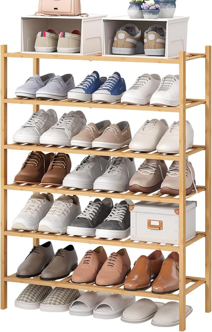 viewcare 6-Tier Bamboo Shoe Rack for Entryway, Stackable | Foldable | Natural, Shoe Organizer for Hallway Closet, Free Standing Shoe Racks for Indoor Outdoor