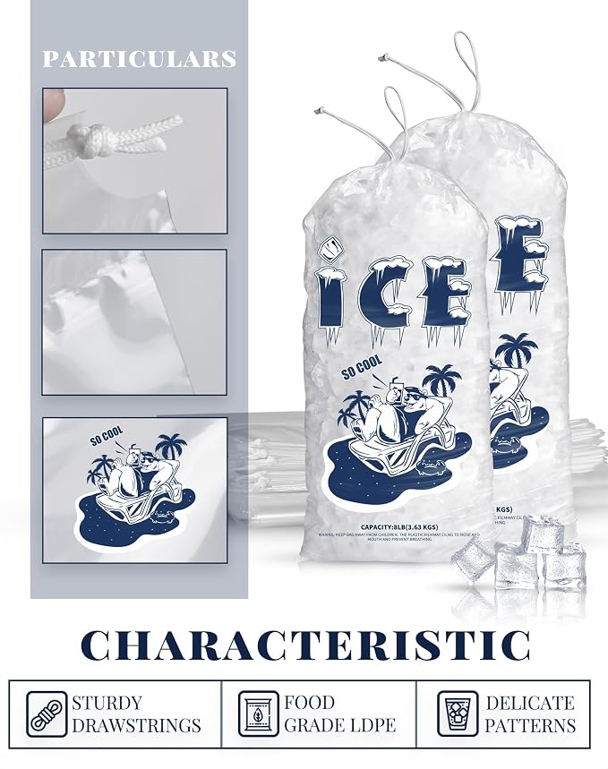 100 Pack Ice Bags 10 lb, Heavy-Duty Ice Bags with Drawstring, Portable Ice Cube Storage and Freezer Keeper(2 Mils Thickness)
