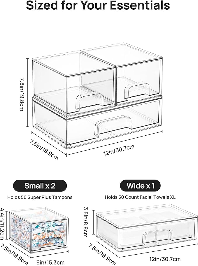 Vtopmart Stackable Storage Drawers Set of 3,Clear Plastic Organizer Bins for Makeup, Cosmetics, Beauty Supplies,Ideal for Vanity, Bathroom,Cabinet,Pantry Organization
