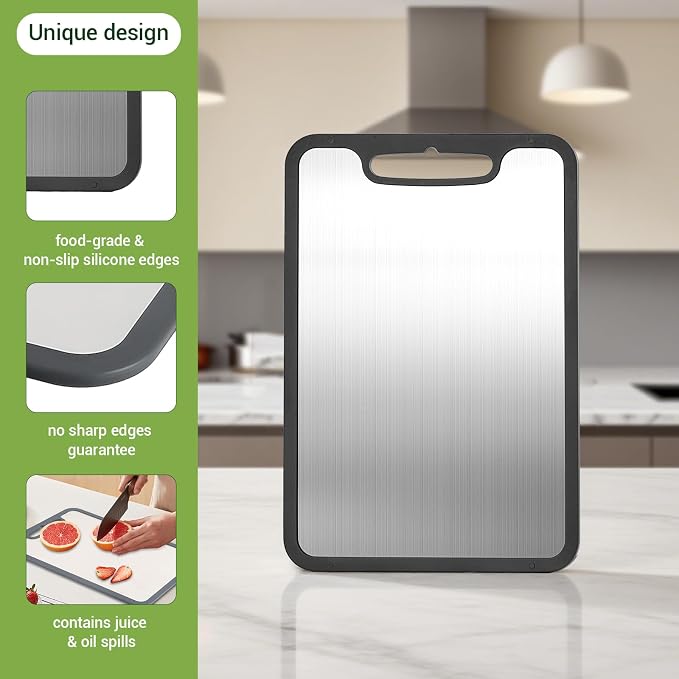 Titanium Cutting Boards for Kitchen & Camping,Metal Cutting Board,Stainless Steel Cutting Board,Chopping Boards for Kitchen and Camping,Silicone Edge for Non-Slip & Non-Cut Medium(14''×9.8'')