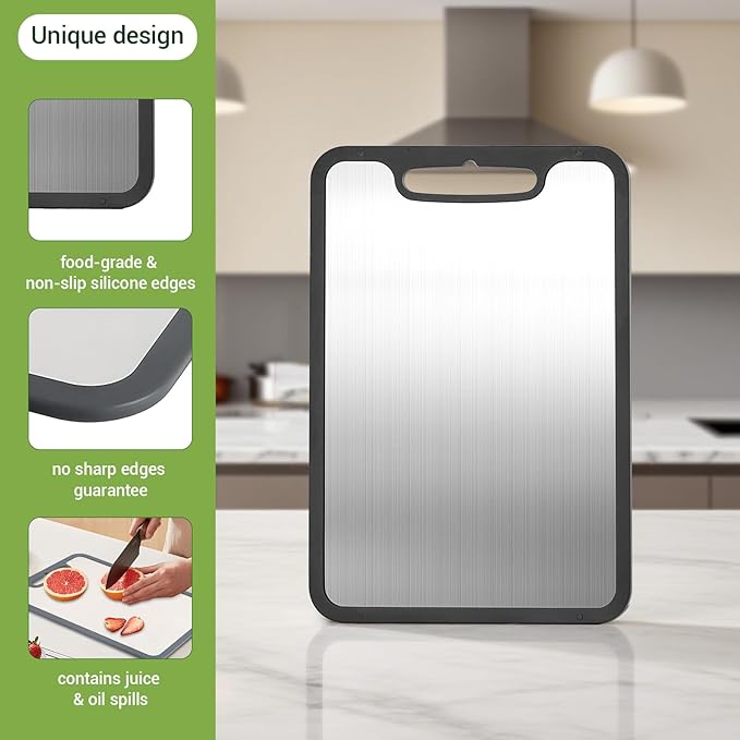 Titanium Cutting Boards for Kitchen & Camping,Metal Cutting Board,Silicone Edge for Non-Slip & Non-Cut,Built-in Handle,Long Lasting,Stain Resistant,Rust Resistant, Small(11.41''×7.87'')