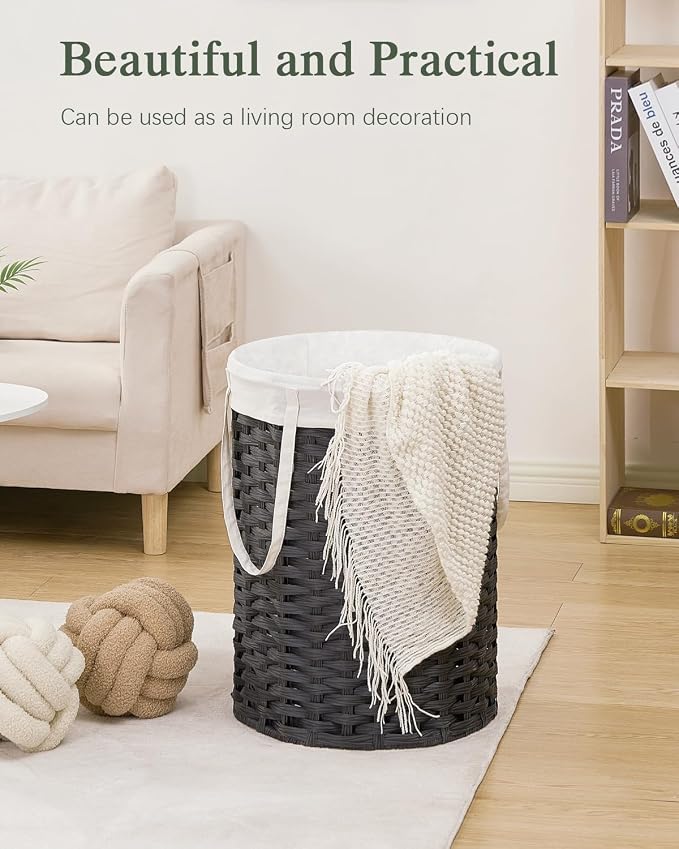 SETVSON Laundry Hamper Laundry Basket Round 19.0 Gal (72 L) Handwoven Rattan Hamper, Large Wicker Laundry Hamper with Removable Laundry Bag Handles 2 Mesh Bags for Bathroom Living Room Black (No Lid)