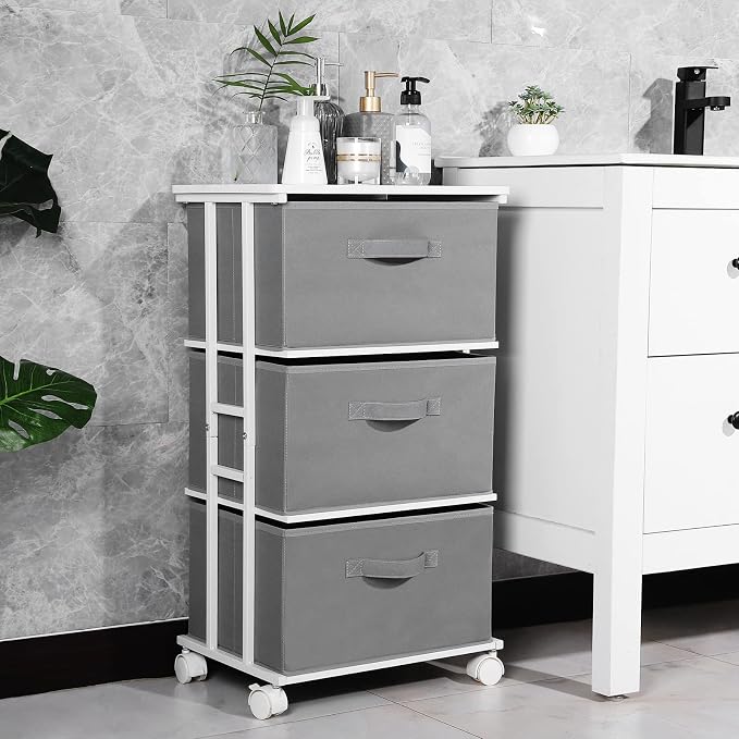 MAX Houser Dresser Tower with 3 Drawers,Fabric Dresser Drawer Organizer Unit,Dresser Chest with Wood Top,Vertical Storage Dresser,Small Dresser for Bedroom,Office-Dark Grey | Fabric Storage Organizer Unit, Chest of Drawers with with WoodTop, Small Vert...