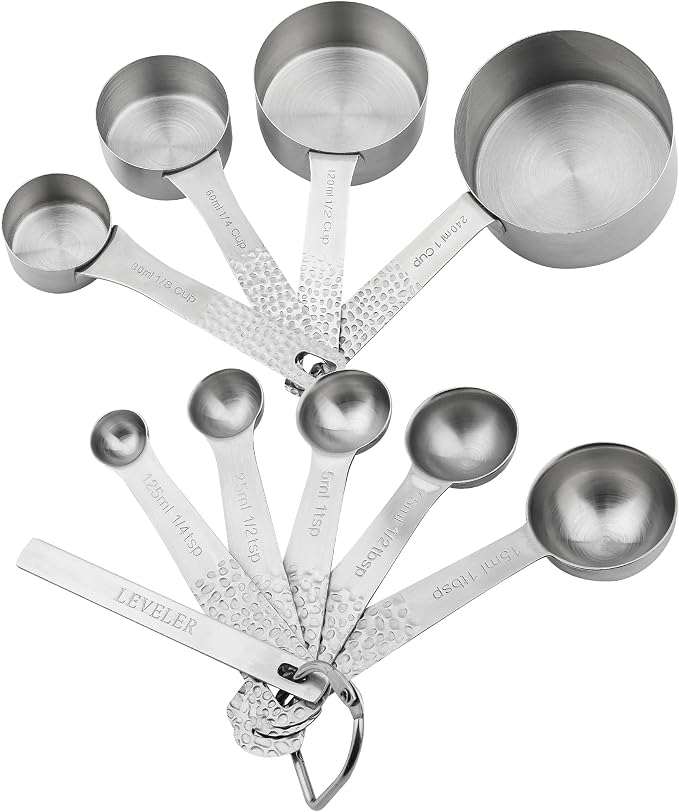 18/8 Stainless Steel Measuring Cups and Spoons Set 10 for Baking & Kitchen, Metric & US Metal 4 Measuring Cups and 5 Measuring Spoons with 1 Leveler