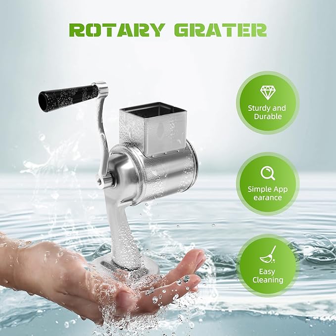 5-In-1 Stainless Steel Rotary Vegetable Cheese Grater Potato Slicer, Countertop Grater Manual Kitchen Shredder Round Food Chopper with Blades for Cafeterias Restaurants Hotels