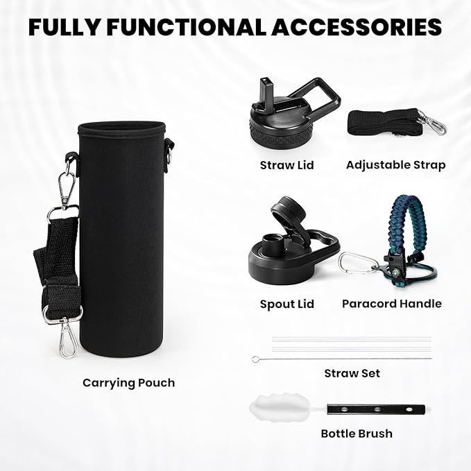 RAYMYLO Insulated Water Bottle 24 oz, Triple Wall Vacuum Stainless Steel (Cold for 24Hrs, Hot for 12Hrs), Leak Proof & Non-BPA, Modern Water Flask Jug with Paracord Handle & Straw Spout Lids