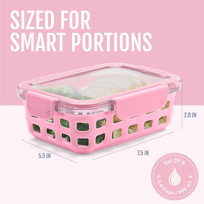 Ello Duraglass 3.4 Cup Glass Meal Prep Containers, 10 Pc, 5 Pack, Meadow | Glass meal prep set with silicone sleeves, leakproof BPA-free lids, microwave and oven safe, freezer and dishwasher safe