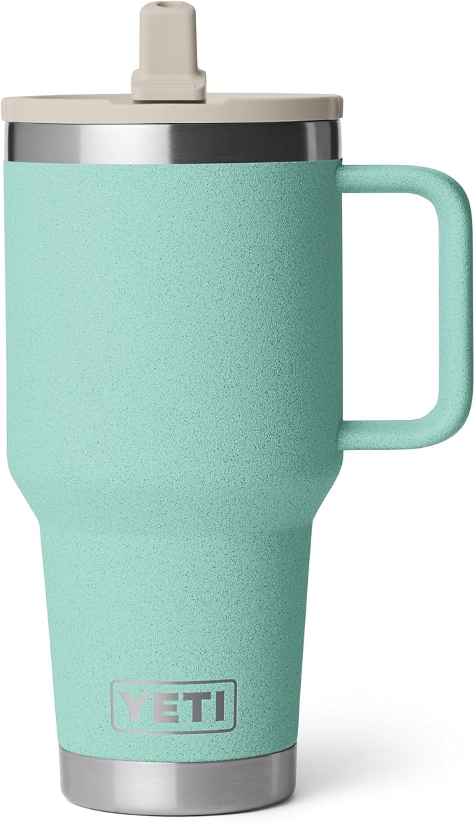YETI Rambler 30 oz Travel Mug with Flip Straw Lid – Stainless Steel, Vacuum Insulated, Leakproof, Cup Holder Friendly, Sea Stone